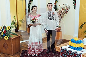 Stylish bride and groom, traditional official wedding ceremony