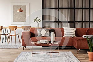 Stylish brown corner sofa with patterned pillows in elegant living room interior with mullions wall