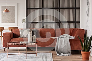 Stylish brown corner sofa with patterned pillows in elegant living room interior with mullions wall