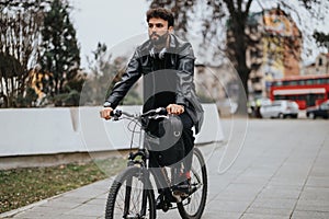 Stylish businessman commuting on bicycle through city streets