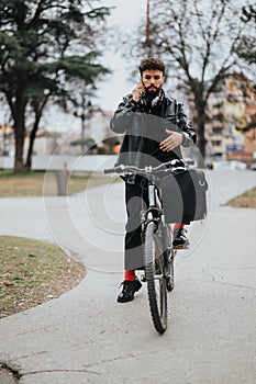 Stylish businessman commuting on bicycle while talking on the phone