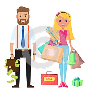 Stylish businessmen and cute young girl. A woman holding a lot of gifts and purchases in bags