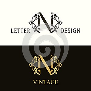 Stylish Capital letter N. Vintage Logo. Filigree Beautiful Monogram. Luxury Drawn Emblem. Graceful Style. Black and Gold. Graphic