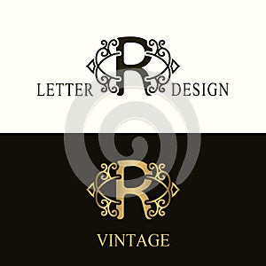 Stylish Capital letter R. Vintage Logo. Filigree Beautiful Monogram. Luxury Drawn Emblem. Graceful Style. Black and Gold. Graphic