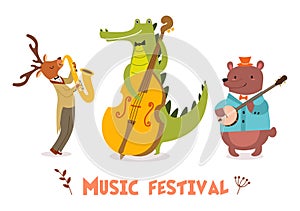 Stylish card or poster with cute animal band in cartoon style.Vector illustration with animal musicians in music festival.
