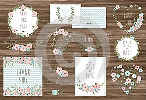 Stylish cards collection with floral bouquets and wreath design elements