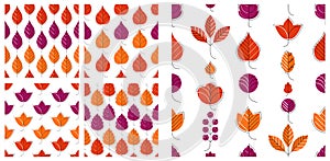 Stylish cartoon autumn leaves seamless vector pattern set, endless wallpaper or textile swatch with tree floral, red fall life