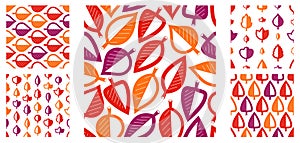 Stylish cartoon autumn leaves seamless vector pattern set, endless wallpaper or textile swatch with tree floral, red fall life