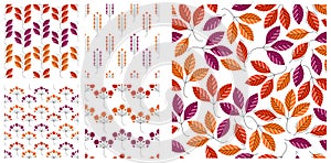 Stylish cartoon autumn leaves seamless vector pattern set, endless wallpaper or textile swatch with tree floral, red fall life