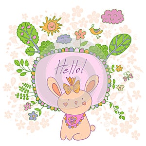 Stylish cartoon card with doodled rabbit