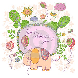 Stylish cartoon card made of cute flowers, doodled elephant