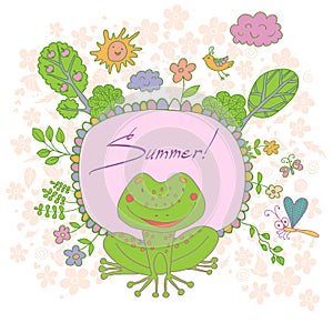 Stylish cartoon card made of cute flowers, doodled frog