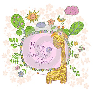 Stylish cartoon card made of cute flowers, doodled giraffe photo