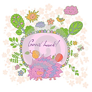 Stylish cartoon card made of cute flowers, doodled hedgehog photo