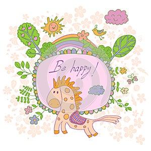 Stylish cartoon card made of cute flowers, doodled horse