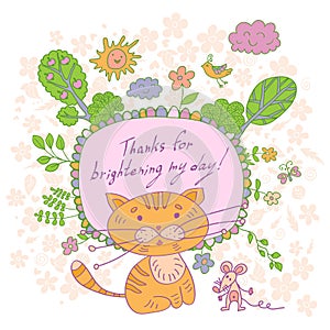 Stylish cartoon card made of cute flowers, doodled kitten