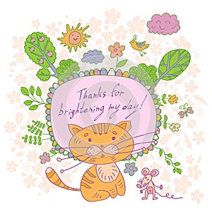 Stylish cartoon card made of cute flowers, doodled kitten photo