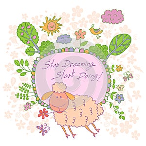 Stylish cartoon card made of cute flowers, doodled lamb