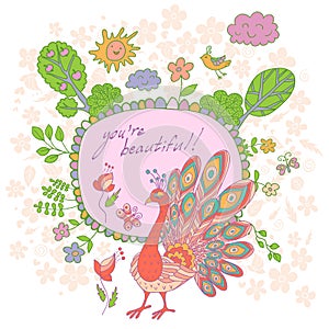 Stylish cartoon card made of cute flowers, doodled peacock photo