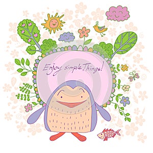 Stylish cartoon card made of cute flowers, doodled penguin