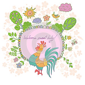 Stylish cartoon card made of cute flowers, doodled rooster