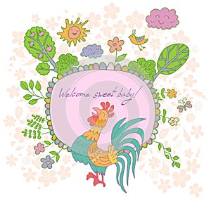 Stylish cartoon card made of cute flowers, doodled rooster photo