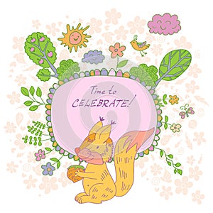 Stylish cartoon card made of cute flowers, doodled squirrel