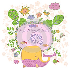 Stylish cartoon card made of cute flowers, doodled whale