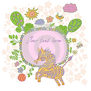 Stylish cartoon card made of cute flowers, doodled zebra, trees, butterfly and bird in bright colors in vector.