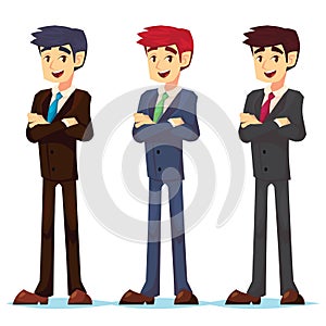 Stylish cartoon flat vector illustration set. Young office worker characters. Businessman in business clothes suit Young