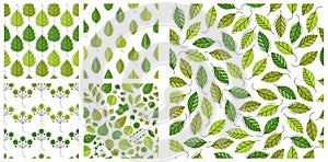 Stylish cartoon leaves seamless vector pattern set, endless wallpaper or textile swatch with tree floral, green spring life theme