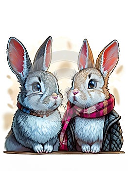 Stylish Cartoon Rabbits with Chic Winter Outfits, Tender Gestures, and Whimsical Hearts Background