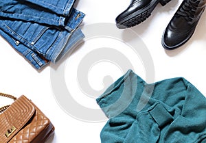 Stylish casual warm clothes and accessories for everyday wear flat lay. Top view online shopping concept.