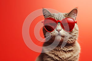 A stylish cat donning red sunglasses posed against a red backdrop. Cute animals concept