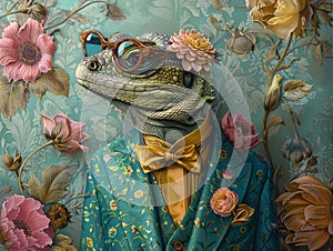 Stylish chameleon character dressed in a floral suit with elegant glasses, green olive background