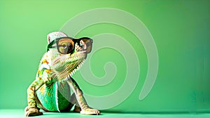Stylish chameleon wearing sunglasses poses on solid background. Quirky and fun reptile image. Perfect for creative