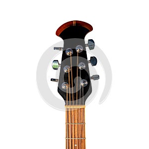 Stylish cherry in color wooden guitar neck with tuners and strings isolated at white background. Concept of music instruments and