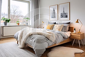 Stylish chic soft blue grey and yellow bedroom interior design, scandinavian bedroom. generative ai