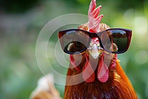 Stylish chicken posing in sunglasses outdoors