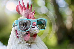 Stylish chicken wearing sunglasses outdoors