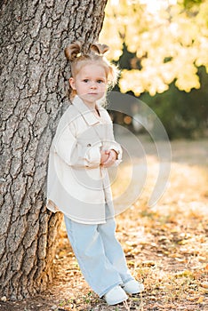 Stylish child girl 4-5 year old lean on tree wear jacket and denim pants in park outdoor.