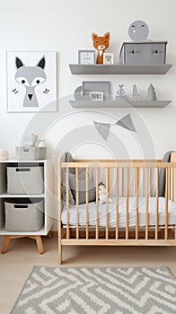 A stylish children's room with a gray and white color scheme, a wooden crib with a gray crib sheet