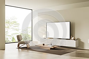 Stylish chill room interior with tv on dresser, armchair and mockup screen