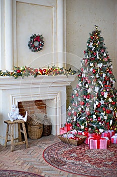 Stylish Christmas interior decorated in white and red colors