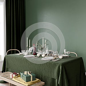 Stylish Christmas interior with dining table and gifts around, 3d render