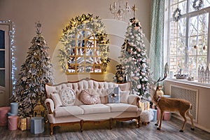 Stylish Christmas interior with an elegant sofa