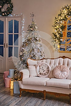 Stylish Christmas interior with an elegant sofa