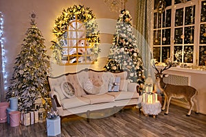 Stylish Christmas interior with an elegant sofa