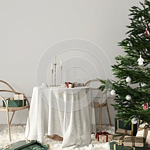 Stylish Christmas interior with a small round table, a Christmas tree and gifts around, 3d render