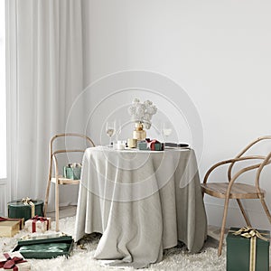 Stylish Christmas interior with a small round table and gifts around, 3d render